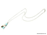 STUNNING .925 NECKLACE WITH SIGNED .925 ZUNI PENDANT. TURQUOISE, CORAL, ABALONE, BLACK ONYX, AND