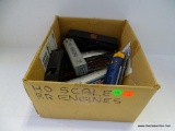 BOX LOT OF HO GAUGE LOCOMOTIVES IN VARIOUS STATES OF REPAIR. BLACK #2936 LOCOMOTIVE, BLUE AND GRAY