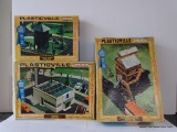 (S7) LOT OF 3 PLASTICVILLE RAILROAD LANDSCAPE KITS. INCLUDES COALING STATION, A FACTORY, AND A