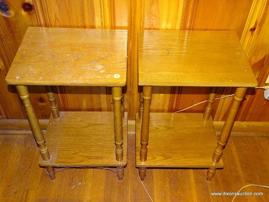 (DEN) PAIR OF OAK FINISHED TWO TIER LAMP TABLES, 14.25''L 11.5''W 24''H