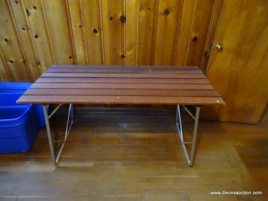 (DEN) FOLDING PICNIC TABLE, INCLUDES TWO FOLDING BENCHES 59''L 28''W, 29 1/2''H