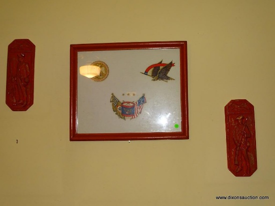 (KIT) LOT OF 3 REVOLUTIONARY WAR ITEMS, ONE PAIR OF PLAQUES, LARGE FRAMED PICTURE OF REVOLUTIONARY