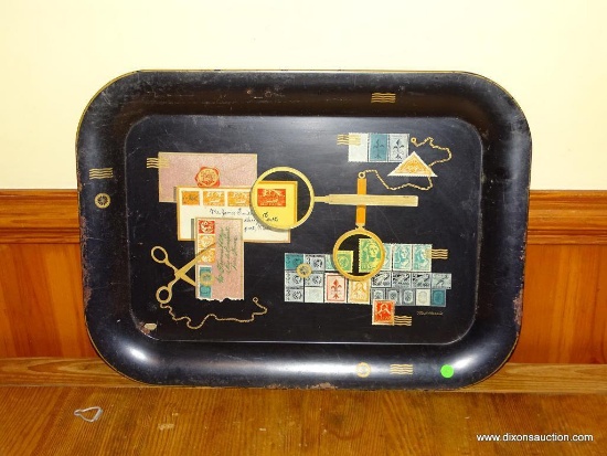 (KIT) VERY LARGE ANTIQUE BLACK METAL SERVING TRAY, DECORATED WITH STAMPS AND MAGNIFYING GLASSES, NED