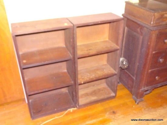 (MBR) PAIR OF PINE BOOKCASES, 3 SHELVES, ONE HAS A PENCIL SHARPENER ATTACHED TO IT, 18''L 9 1/2''W
