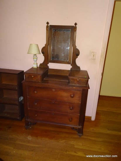 (MBR) ANTIQUE EMPIRE 3 DRAWER CHEST W/ GLOVEBOX TOP, AND SWIVEL MIRROR, APPEARS TO BE IN GOOD