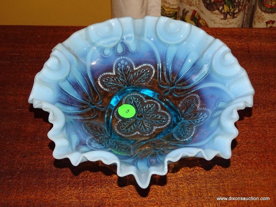 (LR) VINTAGE BLUE OPALESCENCE 3 FOOTED 9'' RUFFLED EDGE BOWL IN VERY GOOD CONDITION