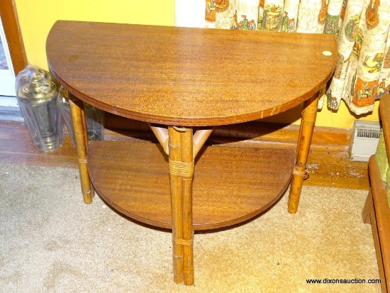 (LR) PAIR OF MIDCENTURY DEMI-LUME HALF TABLES, MAHOGANY STAINED W/ BAMBOO LEGS, 25 1/2''L 14''W 21