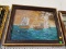 FRAMED OIL ON CANVAS OF THE BONHOMME RICHARD VS THE SERAPIS BY K. MATTHEWS. IN BROWN AND GOLD FRAME: