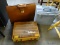 MISC. LOT: VINTAGE LEATHER BRIEFCASE WITH KEY. MAGNUM TACKLE BOX (NEVER USED). PORTABLE FILE BOX.