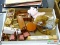 TRAY LOT OF DOLL HOUSE TOYS. INCLUDES WOODEN TRAIN WHISTLE. TY BEAR. ETC.