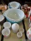 5 PYREX MIXING BOWLS. PAIR OF MILK GLASS SHERBETS. GRAPE PATTERN CANDY DISH. PAIR OF HOBNAIL VOTIVE
