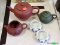 3 ORIENTAL POTTERY TEAPOTS. 2 DELFT SALT DISHES.