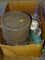 MISC. 2 BOX LOT: ALUMINUM BUNDT PAN. COFFEE POT. SMUDGE POT. TIN FULL OF WINE CORKS. MISC. GLASS