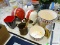 2 VINTAGE FOOTBALL HELMETS. KITCHEN 101 PORCELAIN POPCORN BOWL AND BUCKET. BRASS PITCHER. CERAMIC