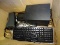 BOX LOT: LOGITECH SURROUND SOUND SYSTEM. ELECTRIC PENCIL SHARPENER. KEYBOARD.