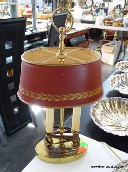 BRASS DOUBLE LIGHT DESK LAMP WITH METAL TOLE PAINTED SHADE: 6"x15".