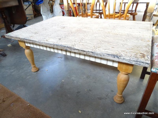 PINE METAL EMBOSSED COFFEE TABLE WITH A WAINSCOTING SKIRT: 48"x32"x19"