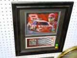 FRAMED AND DOUBLE MATTED NASCAR PHOTO WITH STAMPED ENVELOPE OF DALE EARNHARDT JR. IN BLACK FRAME: