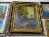 FRAMED OIL ON CANVAS OF A LANDSCAPE WITH FRUIT AND FLOWER BORDER. IN GOLD AND BLACK FRAME: