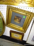 2 FRAMED ITEMS: OIL ON BOARD OF A CAT IN ANTIQUE GOLD LEAF EMBOSSED FRAME: 11.5