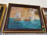 FRAMED OIL ON CANVAS OF THE BONHOMME RICHARD VS THE SERAPIS BY K. MATTHEWS. IN BROWN AND GOLD FRAME: