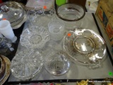 LOT OF GLASSWARE: 2 CANDY DISHES (1 WITH SILVER OVERLAY). 2 HANDLED SILVER OVERLAY 25th ANNIVERSARY