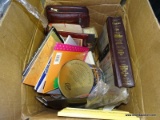 BOX LOT: CERAMIC VASES. GRIDDLE PAN. CHILDREN'S BOOKS. ETC.