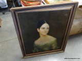 FRAMED PRINT ON CANVAS OF A PORTRAIT OF A 19th CENTURY WOMAN. FRAME NEEDS TLC. IN GOLD RUSTIC FRAME: