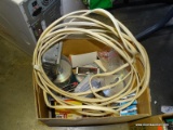 BOX OF MISC.: PENS. DISC HOLDERS. 4 BRAND NEW BOXES OF STAPLES. PENCILS. ELECTRICAL CORD. TAB