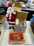 CHRISTMAS ITEMS: CAST IRON TRAIN DOOR STOP WITH ORIGINAL BOX. SNOWMAN LAMP CHIMNEY. ANIMATED SANTA.