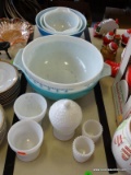 5 PYREX MIXING BOWLS. PAIR OF MILK GLASS SHERBETS. GRAPE PATTERN CANDY DISH. PAIR OF HOBNAIL VOTIVE