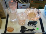 5 PIECES OF PINK DEPRESSION GLASS: SUGAR DISH. FLUTED DISH. 2 GOBLETS. ETC. INCLUDES CAST IRON HORSE