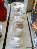 MISC. LOT: ROYAL STAFFORD CHINA MINT COMPOTE. PAIR OF BISQUE BIRD CANDLE HOLDERS. MILK GLASS CHICKEN