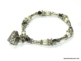 .925 STERLING SILVER, FAUX. PEARL & GLASS BEAD STRETCH BRACELET WITH .925 STERLING SILVER HEART