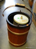 ICE CREAM MAKER WITH WOODEN BARREL. MISSING THE CRANK/MOTOR.