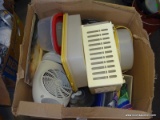 BOX OF KITCHEN ITEMS: MUFFIN PAN. PLASTIC CAKE CARRIER. SALAD SPINNER. CUTTING BOARD. ELECTRIC