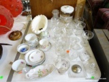 LARGE LOT OF STEMWARE AND MISC. GLASS: 9 SHERRY GLASSES. INCLUDES PORCELAIN CUPS AND SAUCERS. VASE.