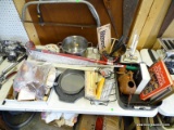 LARGE LOT OF KITCHEN ITEMS AND MISC. ITEMS: ROASTER WITH NO LID. 2 CHANTAL STOCK POTS. PUSHBUTTON