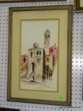 FRAMED AND DOUBLE MATTED WATERCOLOR OF A EUROPEAN STREET SCENE. SIGNED COSTANTINA. IN GOLD AND GREEN