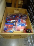 LARGE BOX OF 4TH OF JULY RELATED ITEMS: BRAND NEW PENCILS. PENS. FLAGS. PICKS. NAPKINS. FANS.