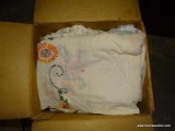 BOX WITH CURTAIN SHEERS. VINTAGE TABLE CLOTHS.