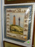 FRAMED PRINT WITH PHOTOS OF CAPE HENRY AND FORT STORY CIRCA 1920'S. IN A BLUE DISTRESSED FRAME.