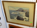 FRAMED AND MATTED WATERCOLOR OF A ROCKY SEACOAST IN GOLD FRAME: 21