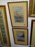 PAIR OF FRAMED AND MATTED WATERCOLORS. 1 OF A SAILBOAT. 1 OF A COAST LINE. IN MATCHING GOLD FRAMES: