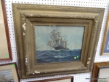 FRAMED PRINT OF A SAILING SHIP IN ANTIQUE GOLD FRAME MISSING SOME GESSO: 33