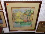 FRAMED AND DOUBLE MATTED WATERCOLOR OF A LAKE SCENE. IN CHERRY FRAME: 22