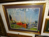 FRAMED AND DOUBLE MATTED IMPRESSIONIST PRINT OF FISHING BOATS IN GOLD FRAME: 30