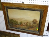 ANTIQUE FRAMED LITHOGRAPH OF VESUVIUS BY A. LUTTEROTH. IN A VELVET AND GOLD EMBOSSED FRAME: