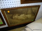 FRAMED ANTIQUE PRINT OF A SLEEPING CHILD IN VINTAGE GRAIN PAINTED FRAME. MISSING SOME OF THE GESSO