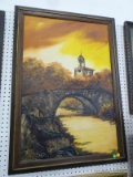 FRAMED AND SIGNED OIL ON CANVAS OF A SPANISH MISSION BY STREAM. SIGNED BUT ILLEGIBLE. IN OAK FRAME: